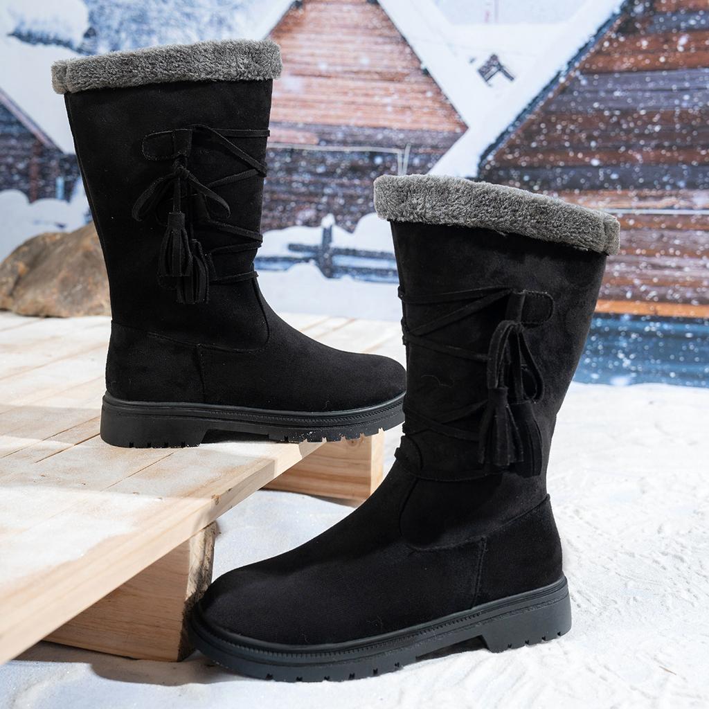 Women's soft elastic winter warm cold padded tassel snow boots non-slip wear outdoor leisure sports leather mid-calf cotton boots