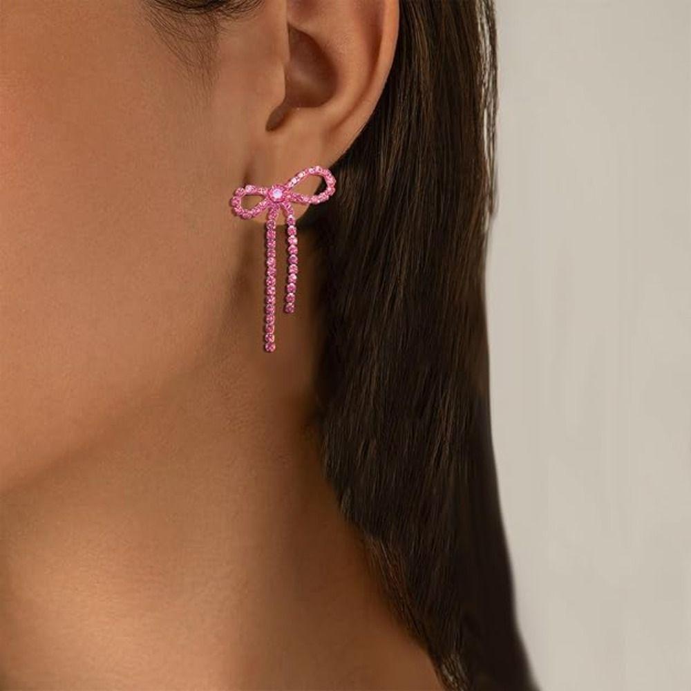 Sparkly Rhinestone Long Dangle Earrings Personalized Bowknot Ear Stud Creative Gift Bow Earrings