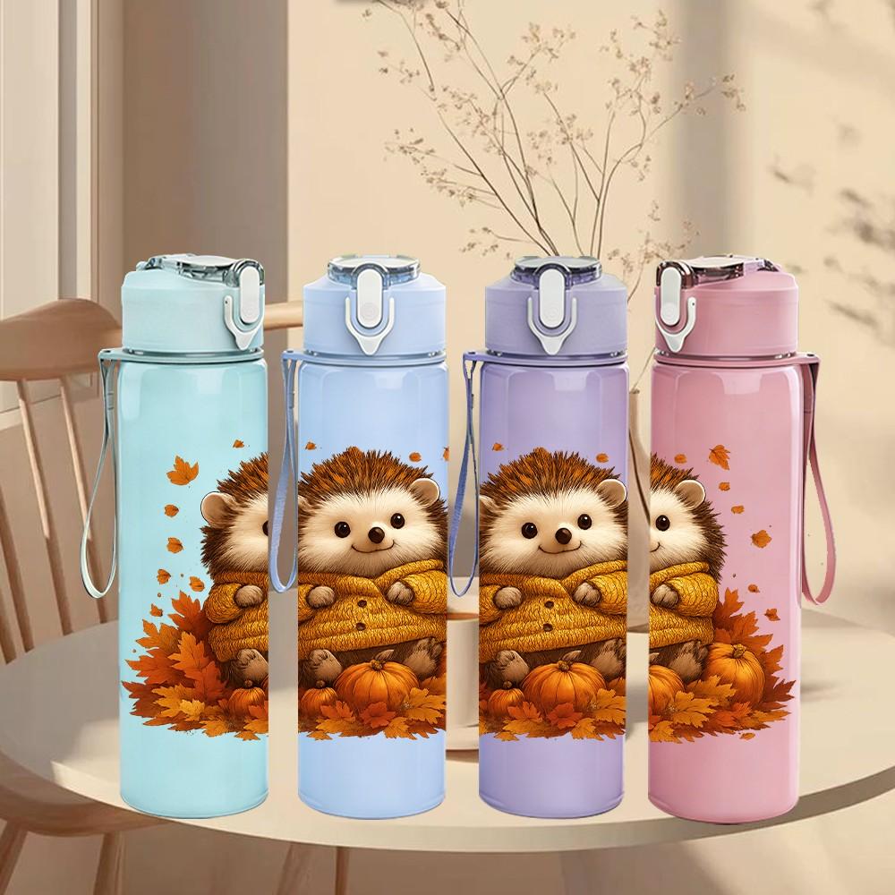 1PC Autumn Leaves Hedgehog Illustration 750ml Color Plastic Sports Water Bottle Leakproof Flip Straw Lid Suitable for Sports Office Home Use