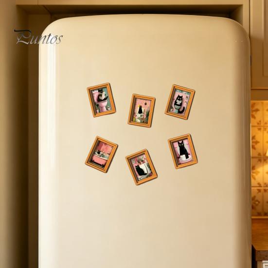 Magnetic Picture Frames for Refrigerator Funny Wooden Fridge Magnets Frame, Retro Cute Cat Pattern Decorative Photos Locker Magnet Photo Holder