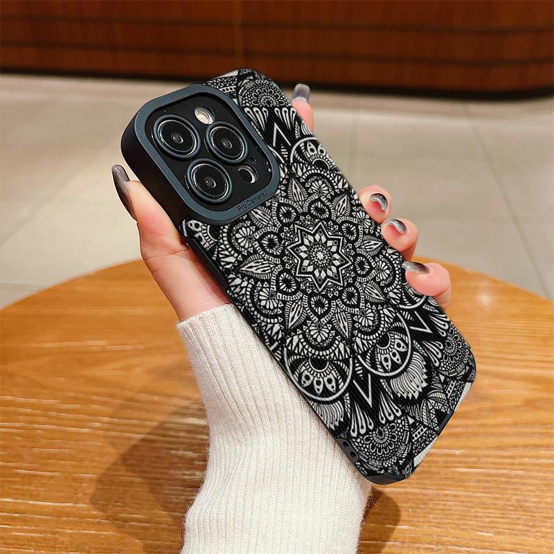 Vertical Grain Leather Shell Mandala Printed Patterned Shockproof Soft Silicone Case with Camera Lens Full Protection for iPhone