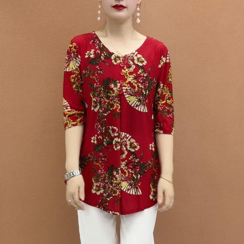 Summer Ice Silk Floral Blouse for Women Loose Round-neck Short-sleeve Pullover Printed Blouse