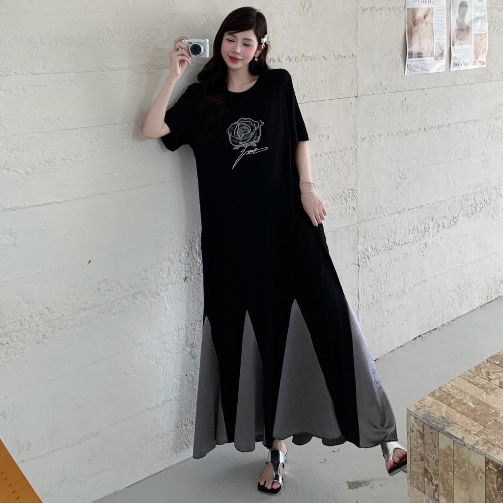 DIMANAF 2025 Plus Size Dress Women Summer Spliced Vintage Dress Basic Printing Long Loose Casual Black Dress