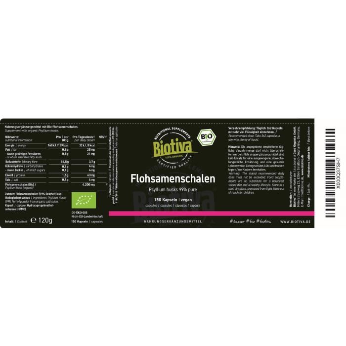 Téguments de psyllium capsules bio 150 capsules - 700mg - fibres alimentaires - digestion - végan, paléo - plantago ovata - psyllium