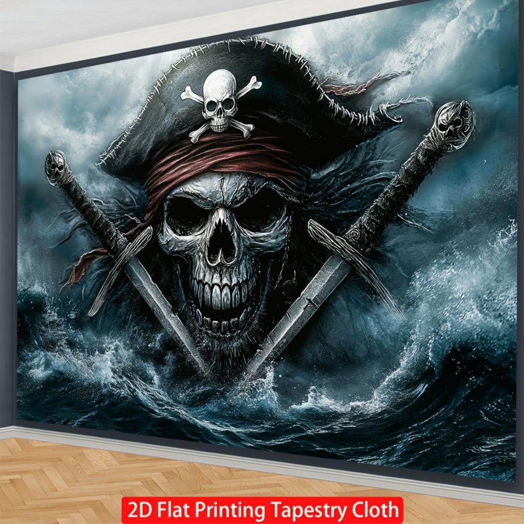 VIKAMA Halloween Giant Wave Pirate Captain Skull Double Knife Tapestry Retro Navigation Storm Skull Wall Cloth Party Decoration