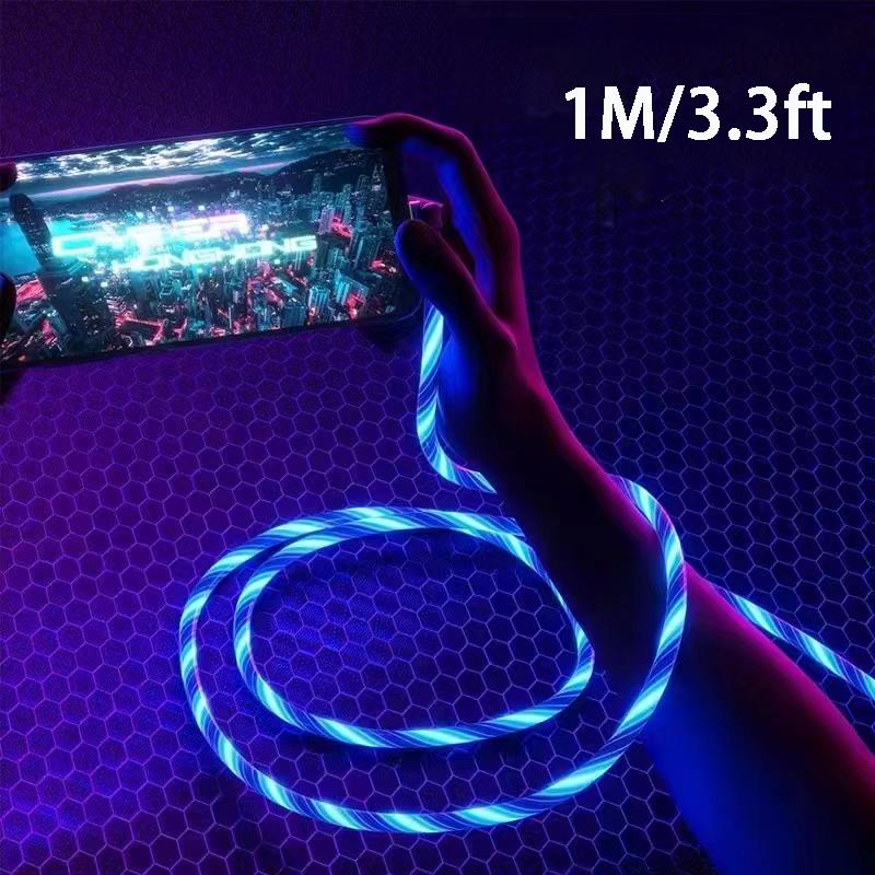 120 W Schnellladekabel, USB-Kabel, LED-Licht, USB-C-Streamer-Licht, LED, USB-C-Kabel, Typ C, drehbares Kabel, leuchtend, fließend, für iPhone 11, 12, 13, 14, Xiaomi, 1 m