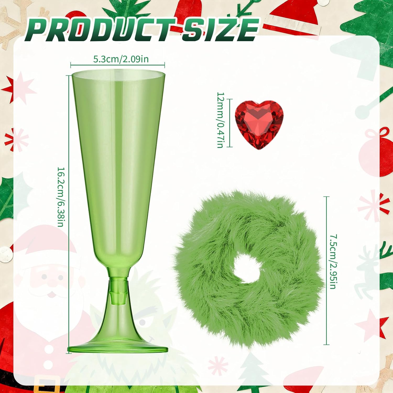 

49-Piece Christmas Green Champagne Glasses Set with Fuzzy Collars & Heart Stickers United States