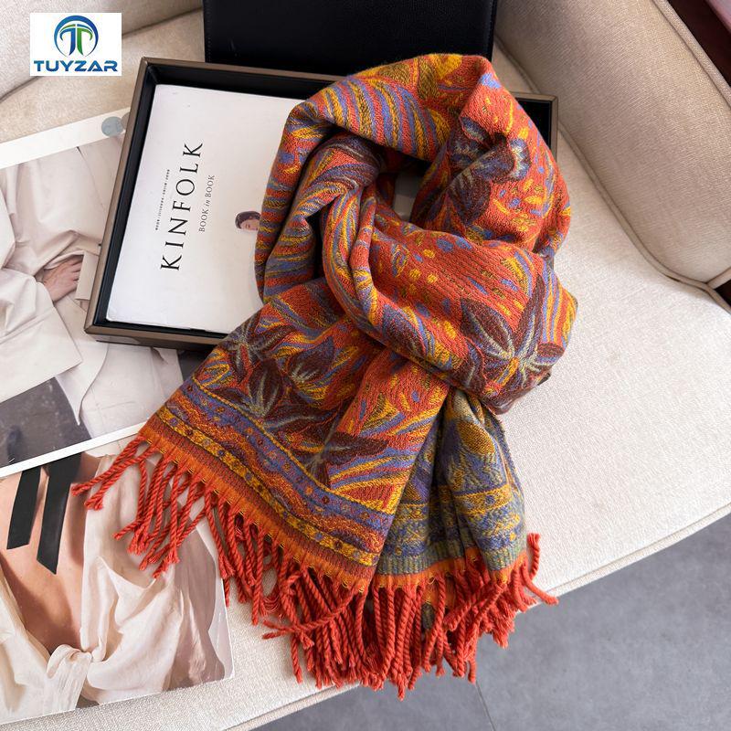 Women's Ethnic Style Double-Sided Jacquard Scarf, 2025 Autumn/Winter Collection: Thick, Warm, Soft Imitation Cashmere Long Snood Shawl.