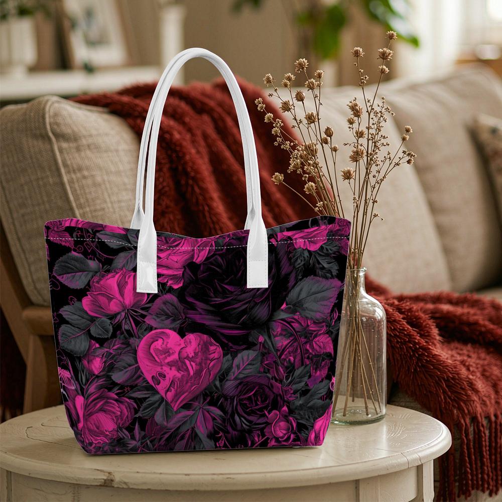 Gothic Rose Heart Pattern Shoulder Tote Portable Daily Use Bag for Women