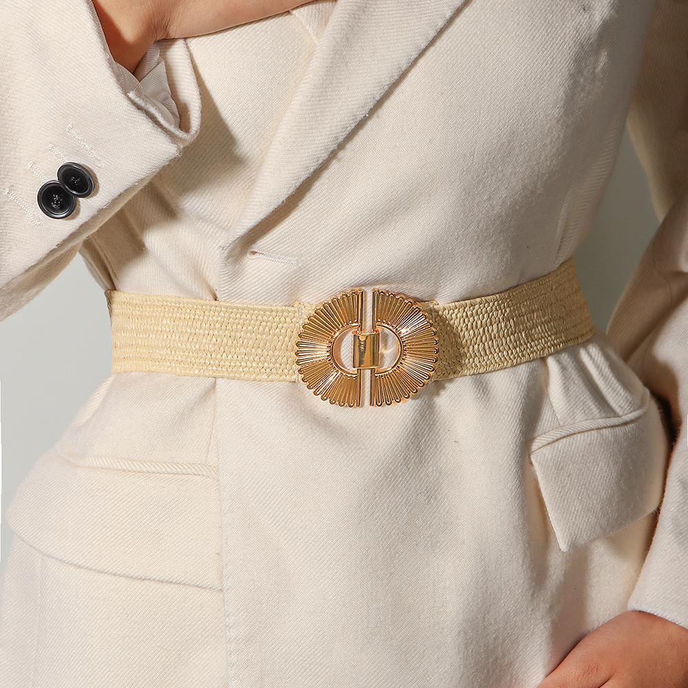 Waistband Women's premium sense Black elastic waist seal individual alloy counterbuckle waist pp straw beige fine belt