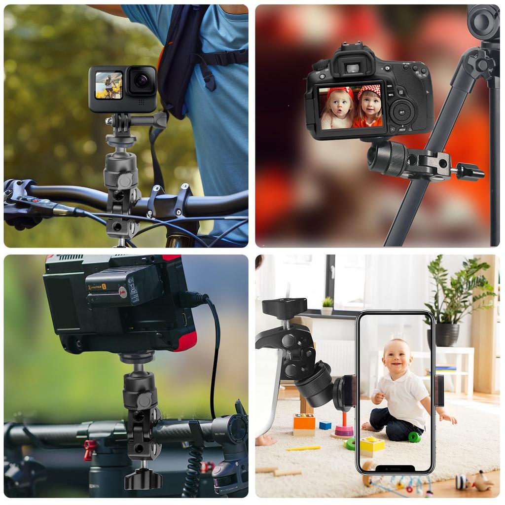 Super Clamp Camera Mount for GoPro with Bike Clamp Holder Clip for Monitor LCD Action SLR and Supports Up To 3kg Clamping Range 360° 1/4" Screws,