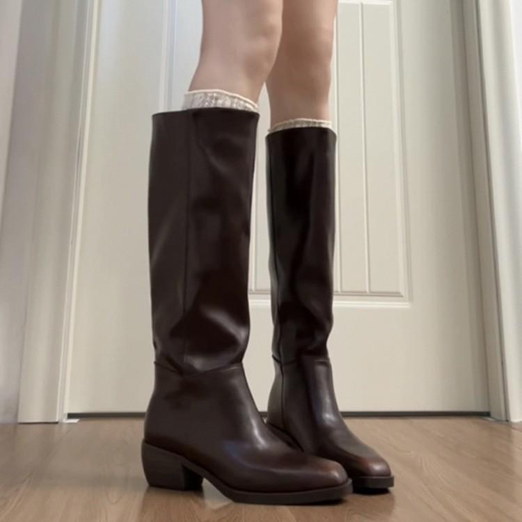 Wersja ze skóry bydlęcej~ Skórzane buty wysokie z grubym obcasem w stylu retro brytyjskim, cienkie, wypolerowane, jesień i zima, nowe długie buty