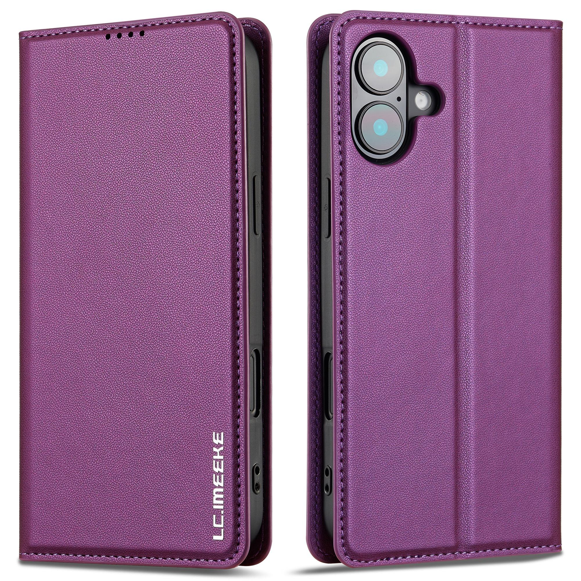 

LC.IMEEKE L1 Series for iPhone 16 Plus Case PU Leather Wallet Stand Protective Phone Cover Purple