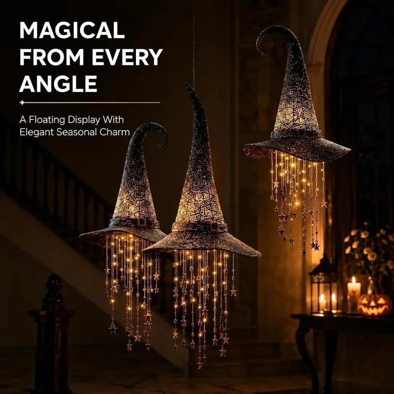 Cappello da Strega Illuminato Campanellino a Vento da Appendere, Ornamento da Esterno per Halloween, Stelle a Cascata in Rete Luminosa, Cornice Nera Decorazione per Feste