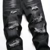 2024 Four Seasons Wear European And American Black Casual Pants With No Elasticity, Middle Waist, Multiple Perforations, Straight Leg Jeans