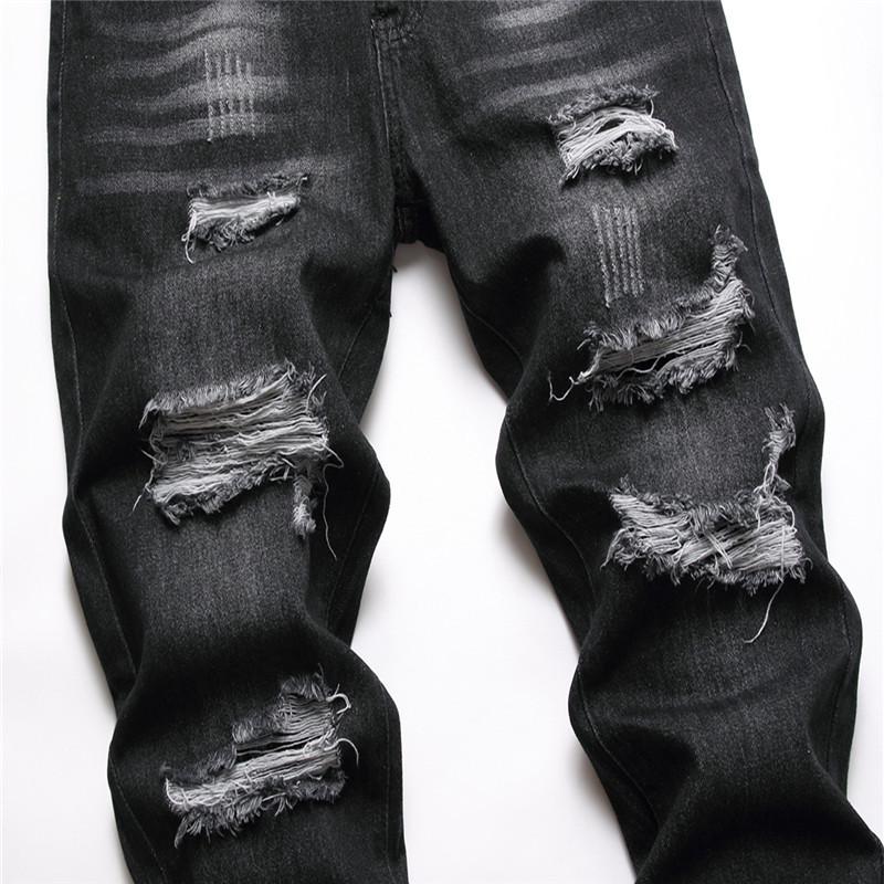2024 Four Seasons Wear European And American Black Casual Pants With No Elasticity, Middle Waist, Multiple Perforations, Straight Leg Jeans