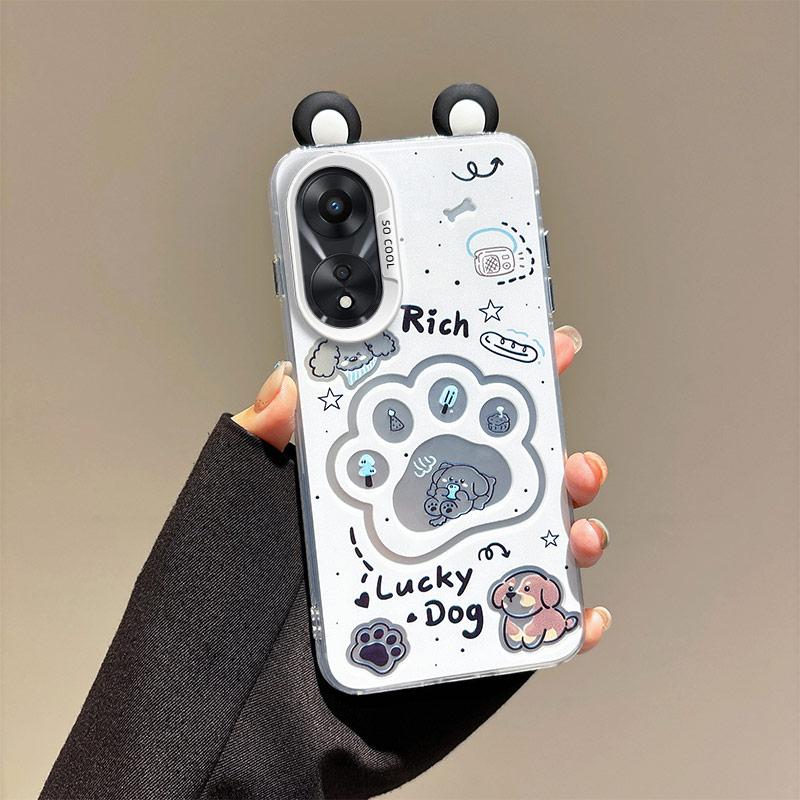 KEYSION Cute Ear Cartoon Case for OPPO A58 4G A38 A18 with Lanyard Soft Silicone+PC Shockproof Phone Back Cover for OPPO A17 A17K