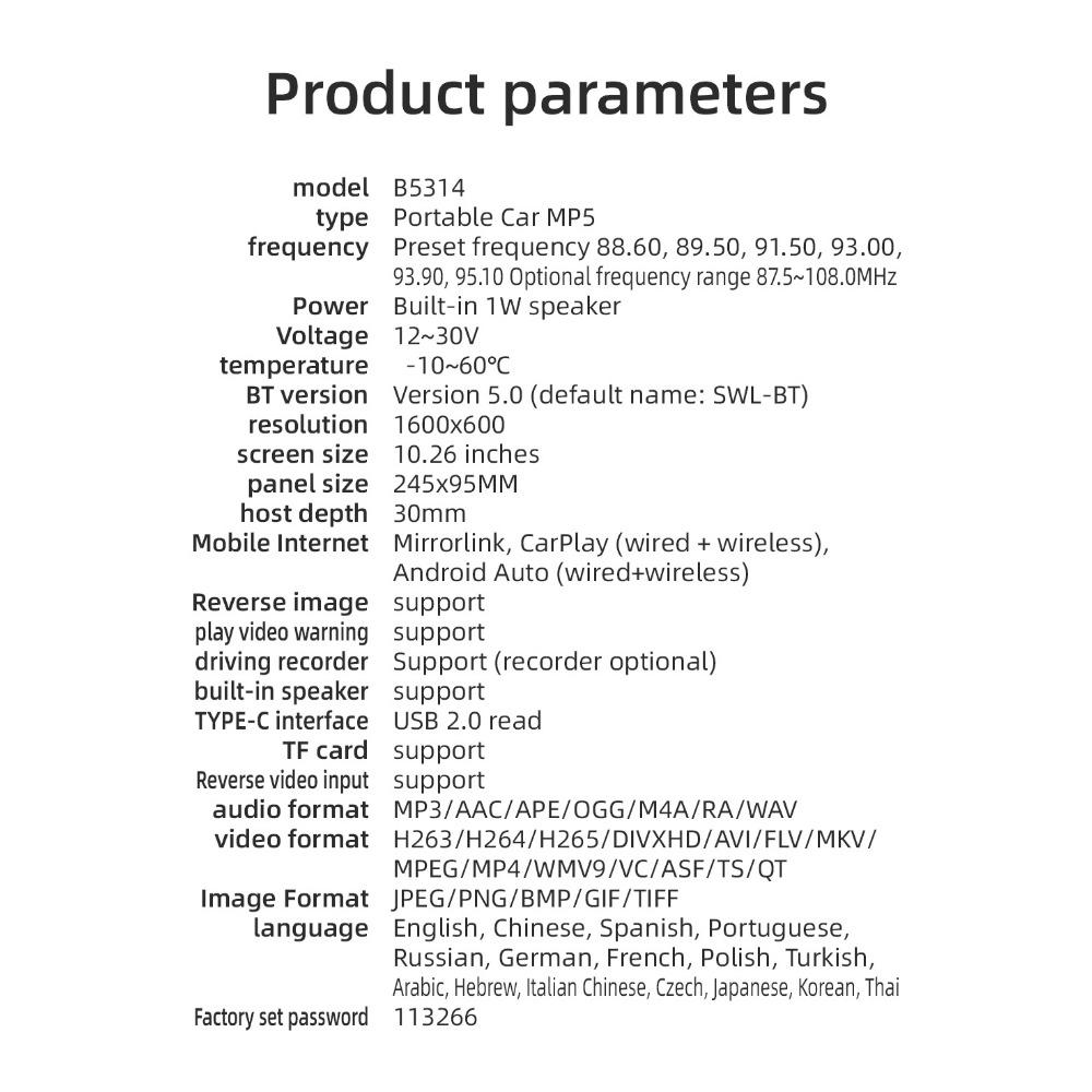 10.26 Inch Portable Wireless Carplay Screen HD Rear Reversing Camera Car Radio DVR MP5 Multimedia Video Player Android Auto