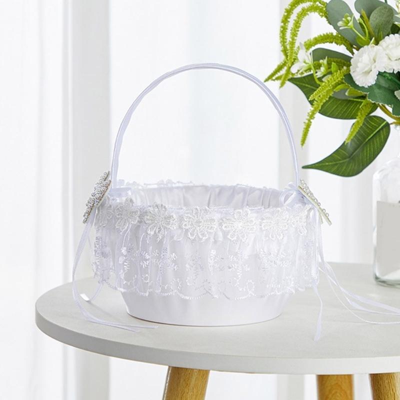 Handmade Flower Basket Wedding Ceremony Basket Decorative Bowknot Basket for Bridesmaids and Flower Girls