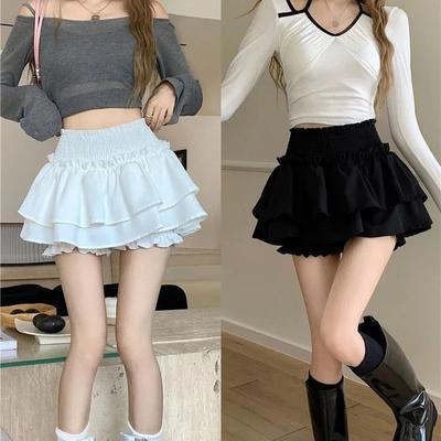 Mini Skirt Cute Sexy Balletcore Elastic High Waist Ball Gown Ruffle Patchwork Lolita Short Korean Sweet Y2K Women Clothing