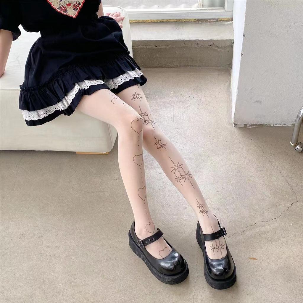 Japanese Kawaii Lolita Tights Star Heart Printing Tattoo Thigh High Stockings Pantyhose Women Sweet Girls White Tights Women