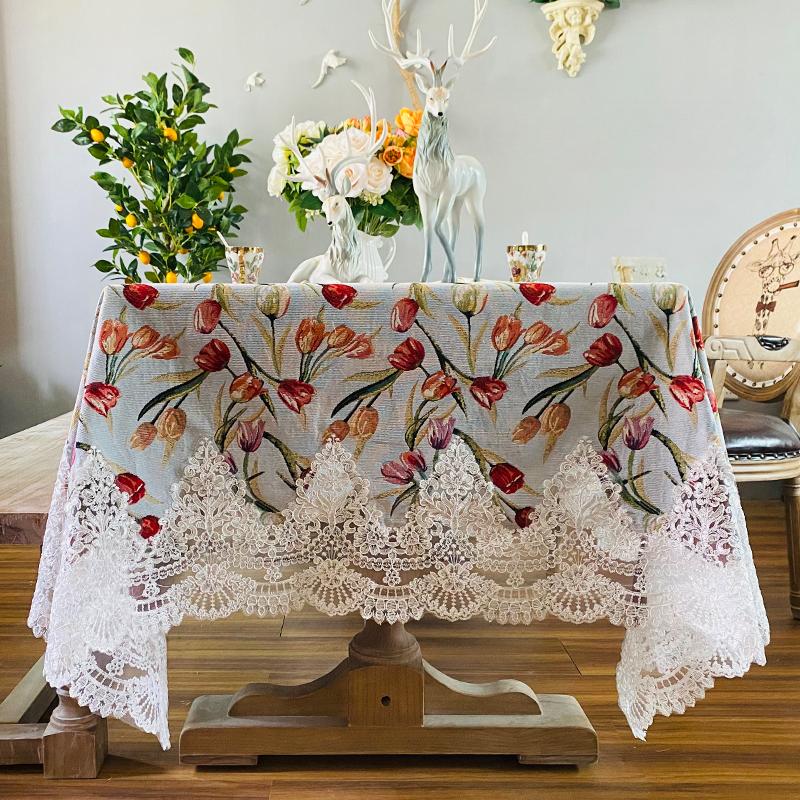 Nordic Style Dining Table Cloth Mat Light Luxury and High-end Felt Cover Cloth Embroidered Lace Tea Table Rectangular Tablecloth