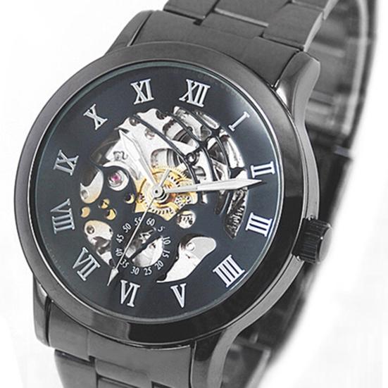Luxury Men's Roman Numerals Tungsten Steel Mechanical Skeleton Wrist Watch