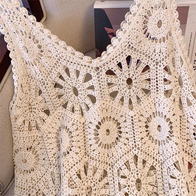 Dress Women Knitting Lace Long Hollow Out Sexy Vest O-Neck Hollow Summer Style Tops Tees Loose Basic