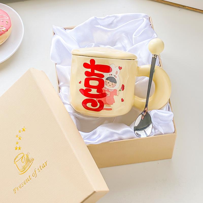 Cute High-value Festive Mug with Lid Spoon Couple Pair Cup Wedding Gift Ceramic Drinking Cup Coffee Cup