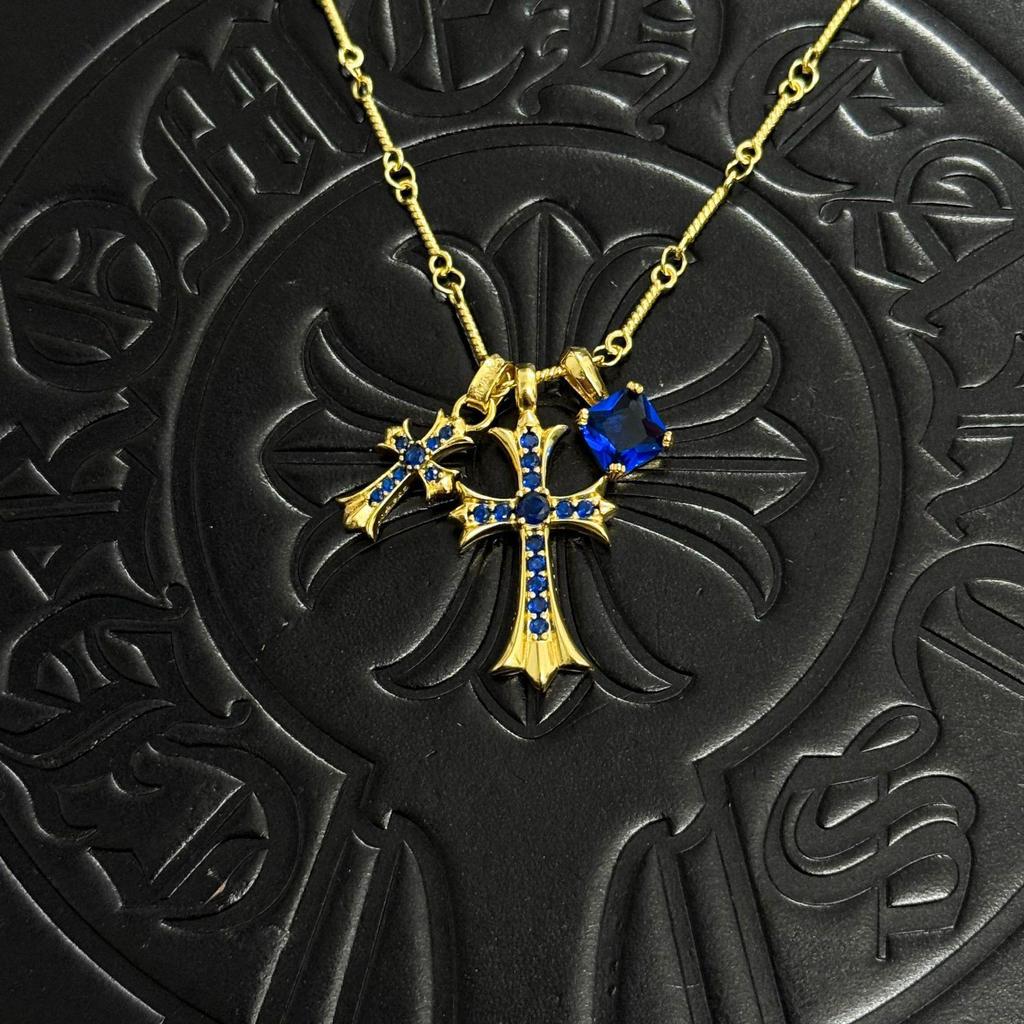 Chrome Hearts Retro Distressed Double Cross Square Pendant Necklace - Unisex Fashion Accessory