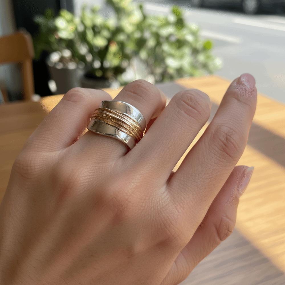 Engraved Line Two-tone Ring Double Layer Punk Style Ring Holiday Accessories