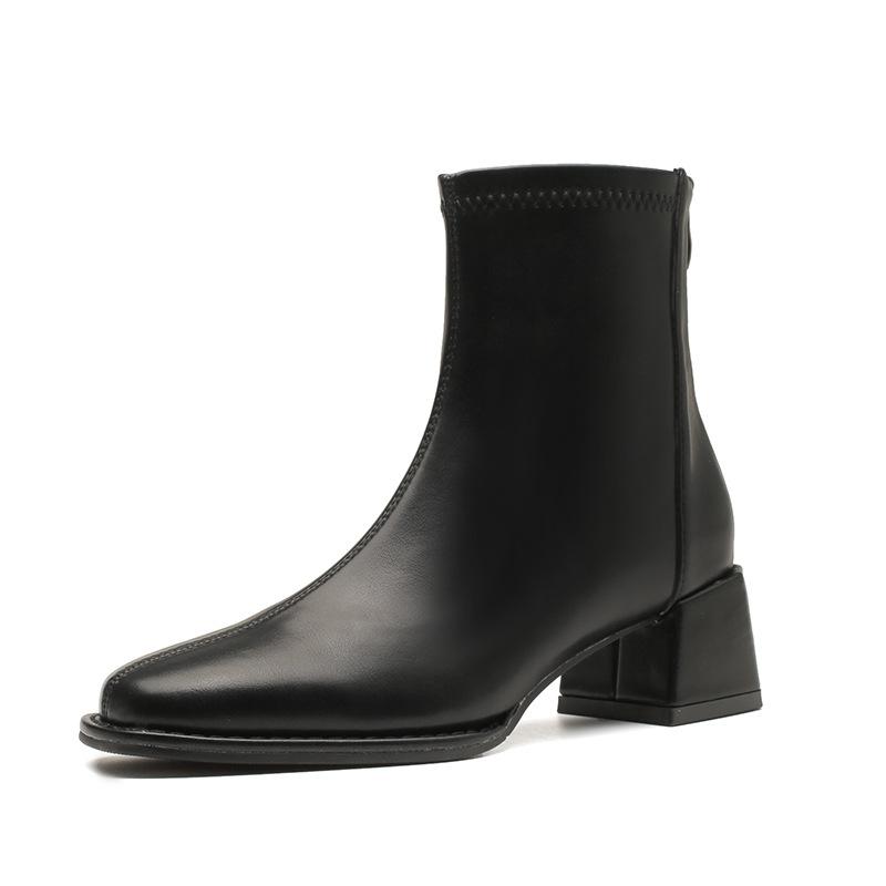 Französische elastische kurze Stiefel Damen dicke Absätze Herbst und Winter neu Maillard Temperament vielseitig Reißverschluss hinten dünne Martin-Stiefel