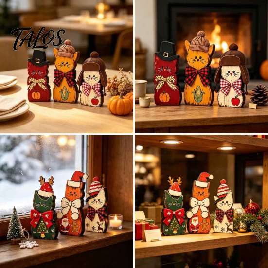 Decorative Wood Cat Set 3Pcs Christmas Wooden Ornaments with Hat and Bow Tie, 2D Interchangeable Holiday Flat Thanksgiving Tabletop Figurines,