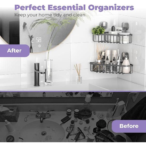 Corner Shower Caddy, Suction Cup Shower Shelf, No-Drilling Removable Shower Organizer, Wall Mounted Rack Storage for Bathroom, Large&Small Shower