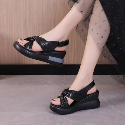 Sandalias de cuña con lazo para mujer, verano, nuevas, con tiras cruzadas, sandalias romanas, boca de pez simple, zapatos de mujer C393