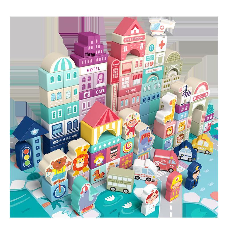 100-Piece Wooden City Street Building Blocks for Kids, Ages 1-3