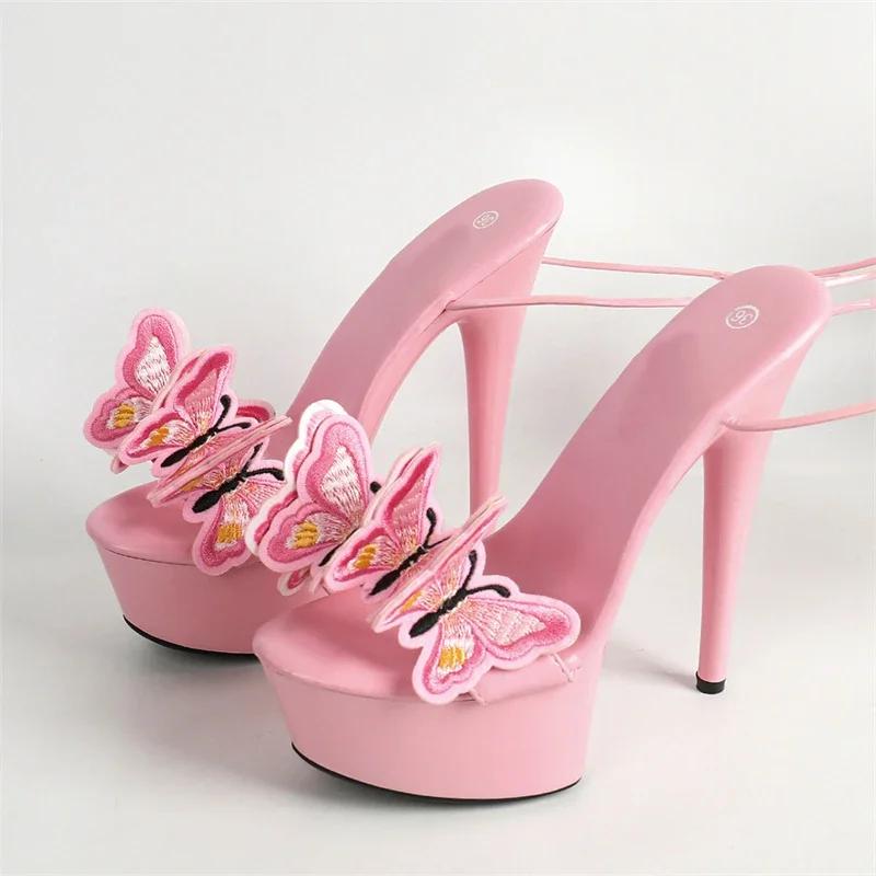 2024 New Pink Yellow Cross Strap Platform Sandals Women Handmade Embroidery Butterfly Open Toe Elegant High Heels Shoes