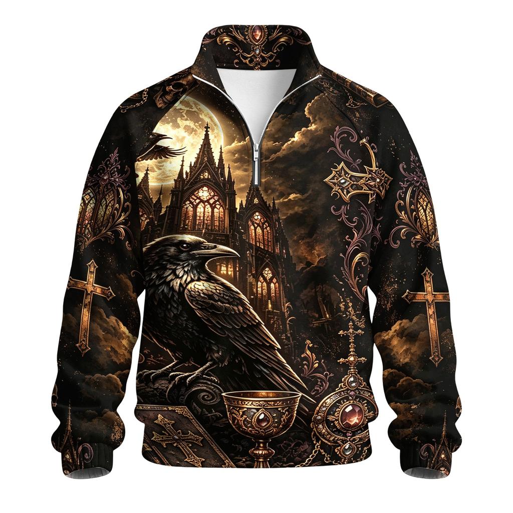Men's Halloween Print Raglan Sweatshirt Loose Fit Stand Collar Casual Top