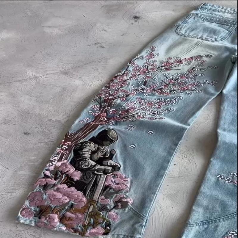 Menn Kvinner Kirsebærblomst Ridder All Broderi Denim Bukser Y2k Vintage Baggy Street Rette Jeans Høy Midje Vasket Blå Jeans