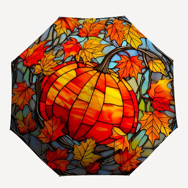 1pc Autumn Leaves Pumpkin Auto Folding Umbrella, Sturdy And Durable Automatic Folding Umbrella with 8 Ribs, Convenient for Outdoor Use125