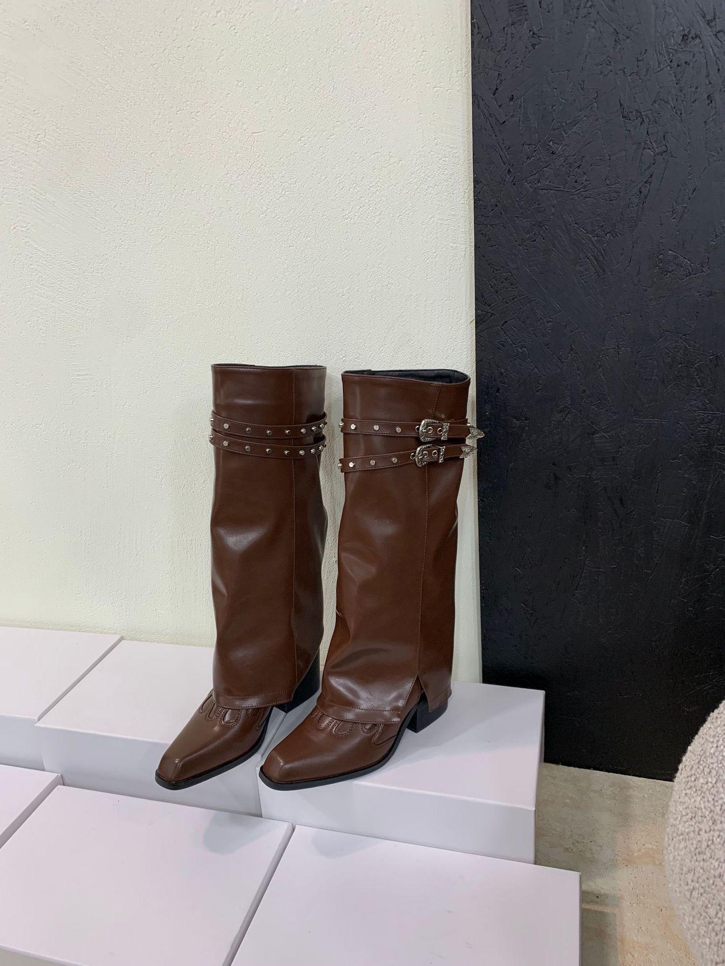 

Coarse heel French retro knee boots women s boots autumn 2025 new high trouser boots 39 коричневий