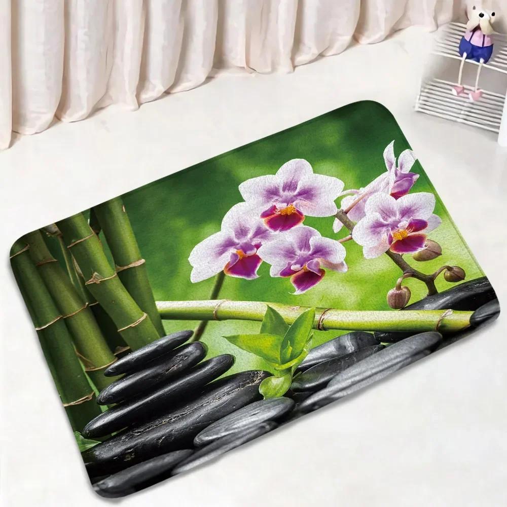 Zen Green Bamboo Bath Mat Set Natural Orchid Flower Black Stone Plant Home Carpet Bathroom Decorative Floor Rug Toilet Lid Cover