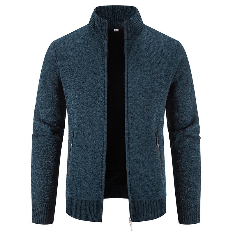 New Velvet Sweater Cardigan Men Stand Collar Mens Sweaters Fleece Thick Warm Knitted Sweater Coat Solid Zipper Pocket Cardigan