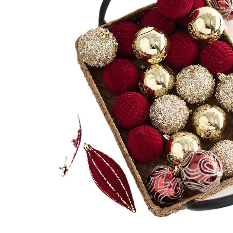 New Dark Wine Red Flocked Christmas Tree Ornament Balls - Irregular Shaped and Painted Pendants