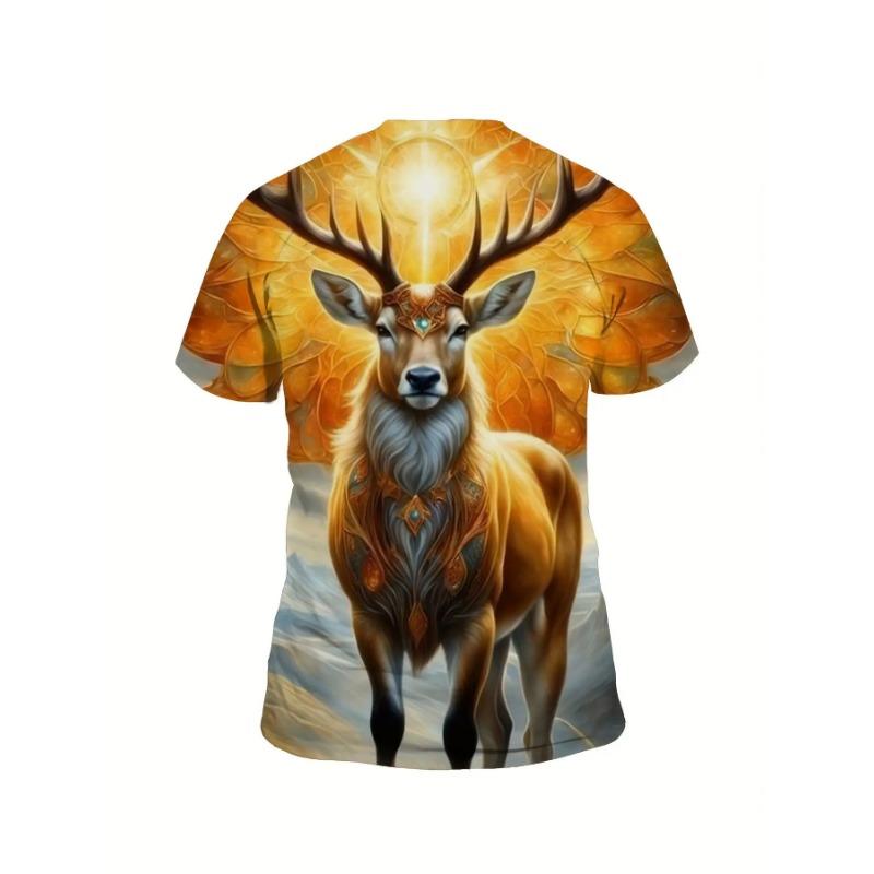 Men's Plus Size 3D Deer Print T-Shirt - Oversized Fit Suitable for Outdoor Sports & Casual Wear,