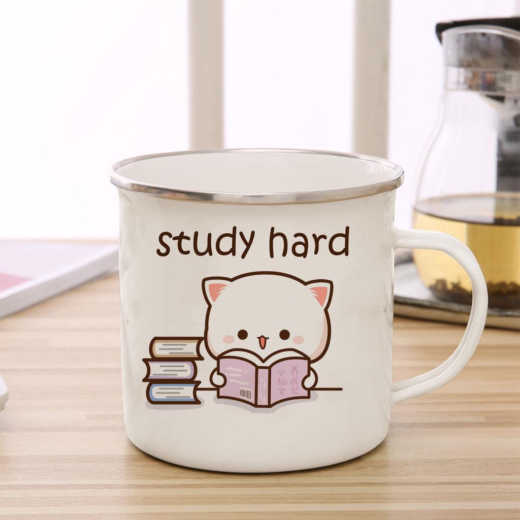 Peach and Goma Cat Enamel Coffee Tea Cup Cute Animal Breakfast Dessert Milk Water Cup Couple Gift