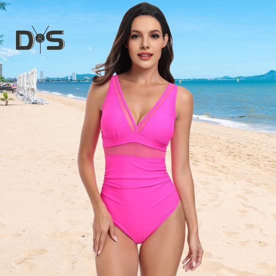 Dámské monokini s hlubokým výstřihem do V, bez rukávů, kontrolní bříško, plážové oblečení, zeštíhlující síťované průsvitné jednodílné plavky