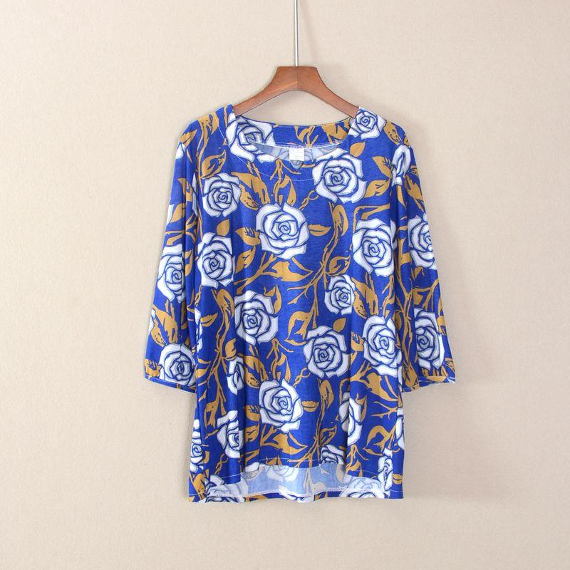 

2024 Осень Новый продукт Женская футболка с рукавом три четверти, принтом, круглым вырезом, в стиле кэжуал, свободного кроя, топ, одежда, мода, стройнящая Blue L
