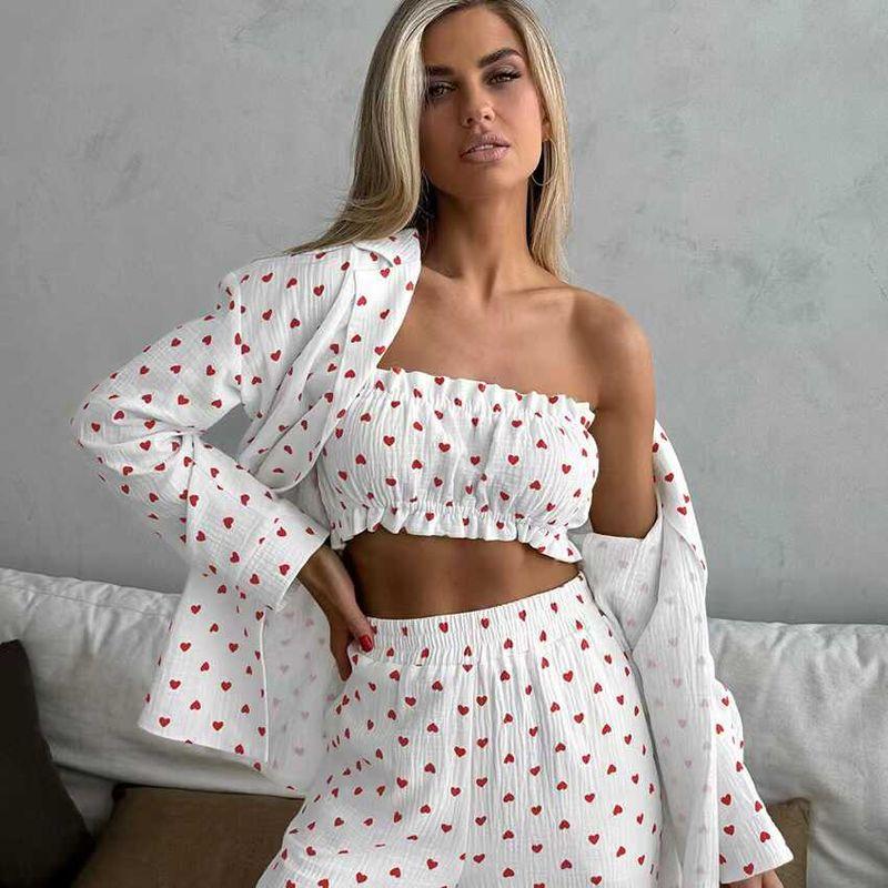 

Western Style Love Heart Print Shirts Tube Top Pants Three-Piece Love Printed Three Piece Set White L