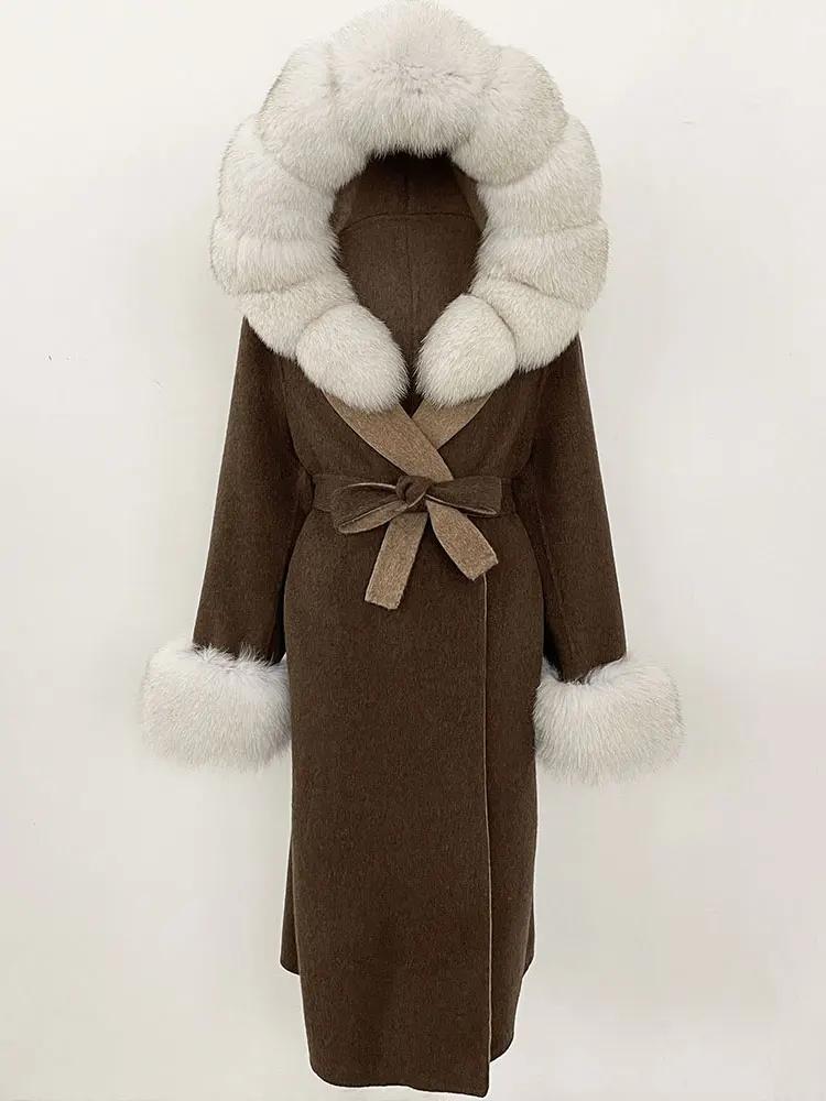 OFTBUY Winter Women Coat Real Natural Fox Fur Hooded Detachable Collar Double-faced Woolen Jacket Long Casual Elegant Overwears